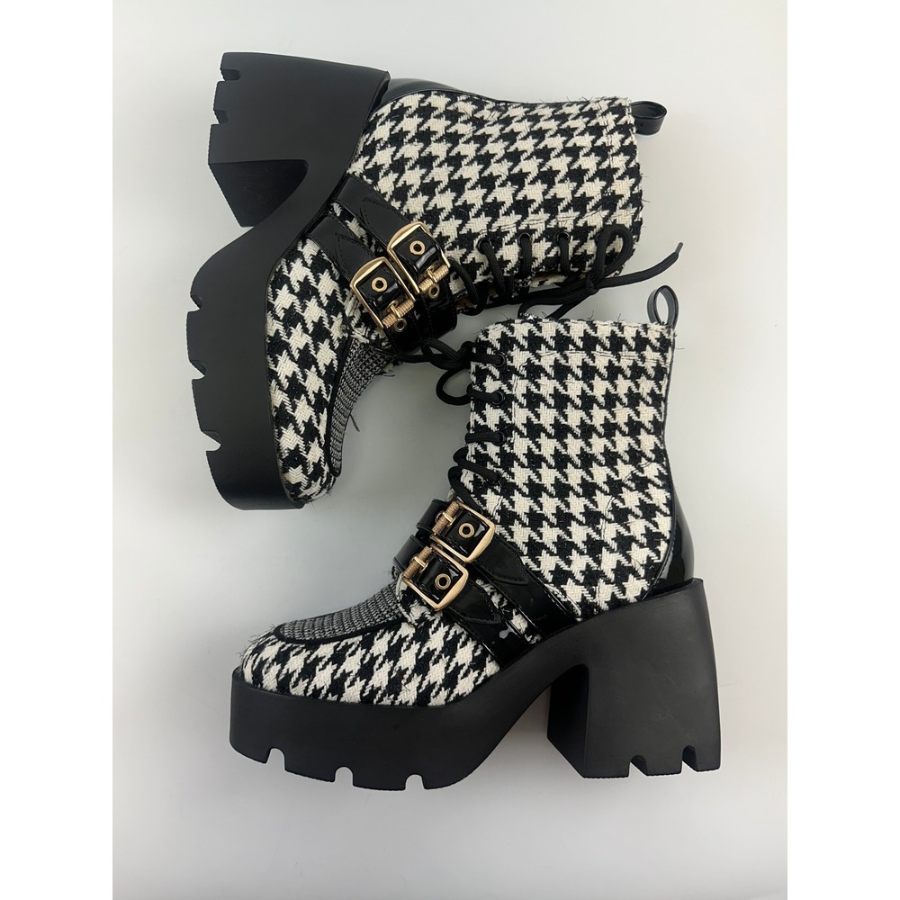 Betsey Johnson Cotton Houndstooth Platform Lug Sole Ankle Boots Black White 8 - Picture 7 of 13